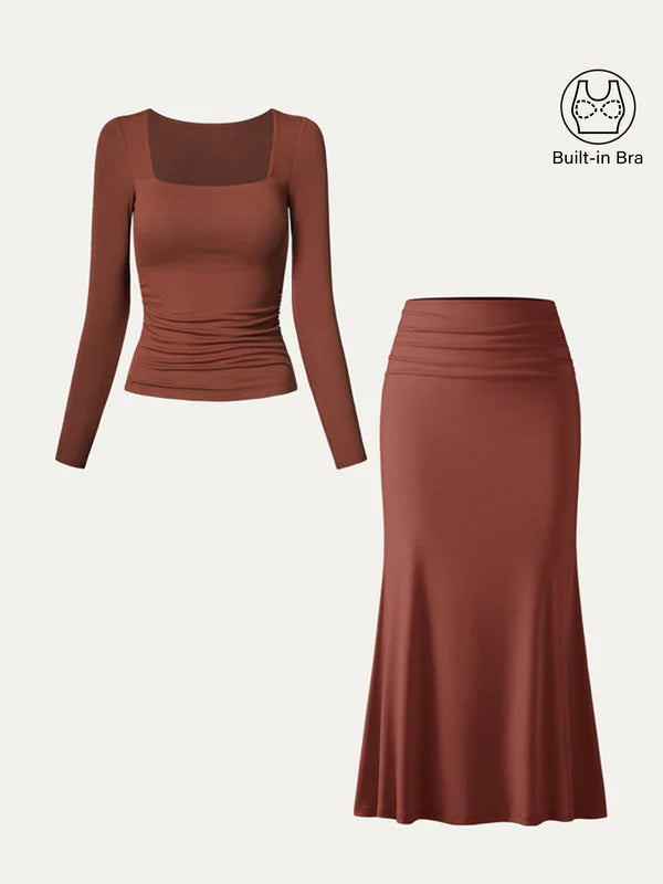 2Pcs Set Square Neck Ruched Brami Top & Mermaid Maxi Skirt Georgia Clay