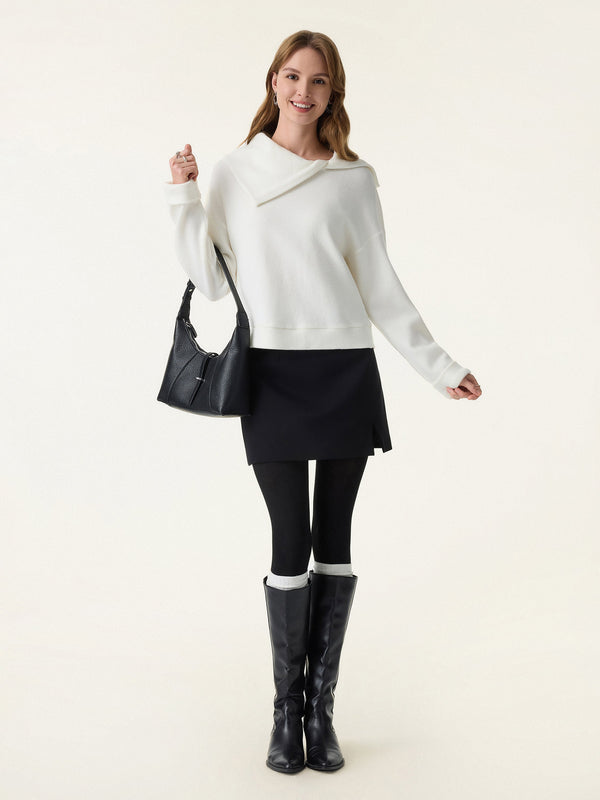 Asymmetrical Lapel Collar Relaxed Knit Sweater Off White XS